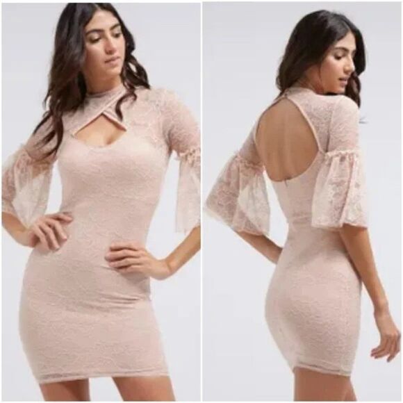 TFNC London Darren Bell Sleeve Lace Peach Bodycon Mini Dress Small - Picture 1 of 17